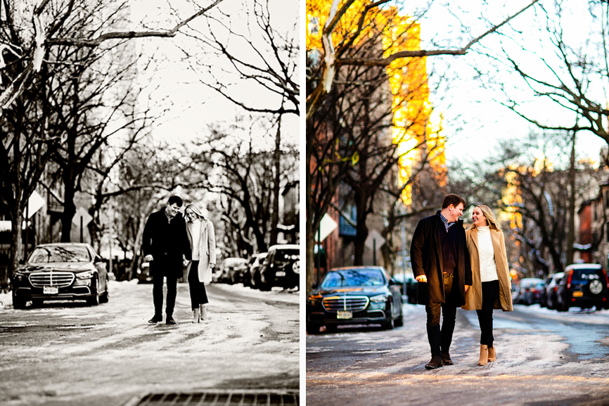 Couple walking down the street during their Brooklyn engagement session during the winter time.