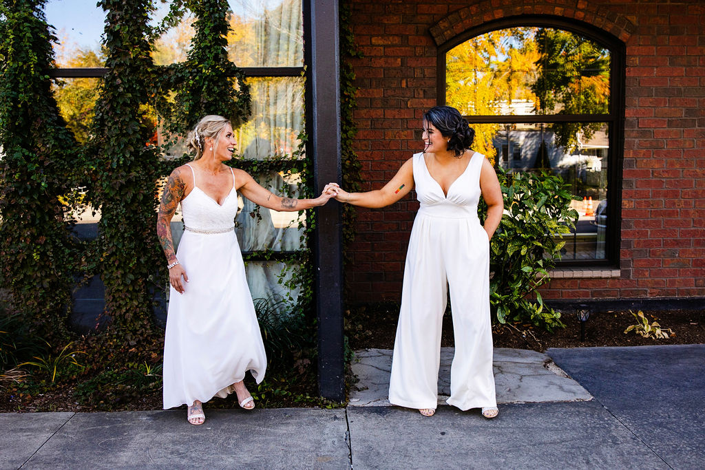 First look for two brides on their wedding day in Providence, Rhode Island.