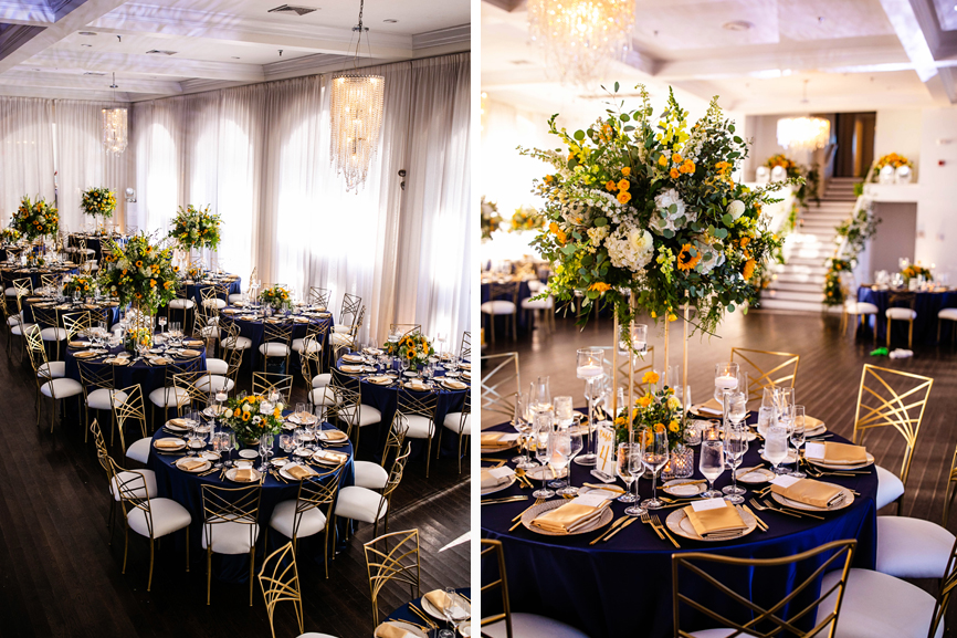 Reception room at the Salon in Belle Mer with sunflowers, blue linens and gold accents by stoneblossom florals in RI