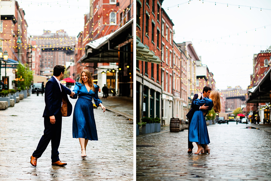 Couple dances under the twinkle lights at their Manhattan engagement session at the South Street Seaport