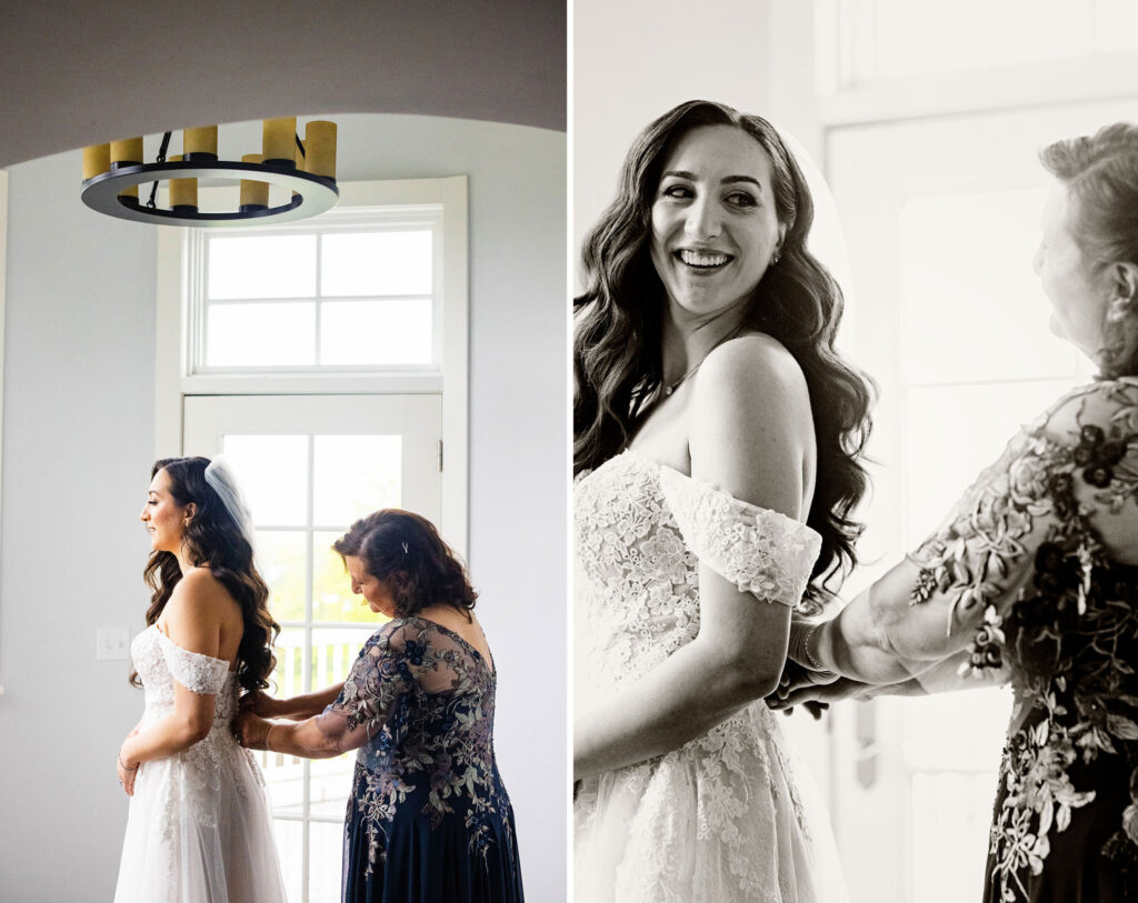 Bride getting zipped into her wedding dress by her mother at an Airbnb in Newport, RI