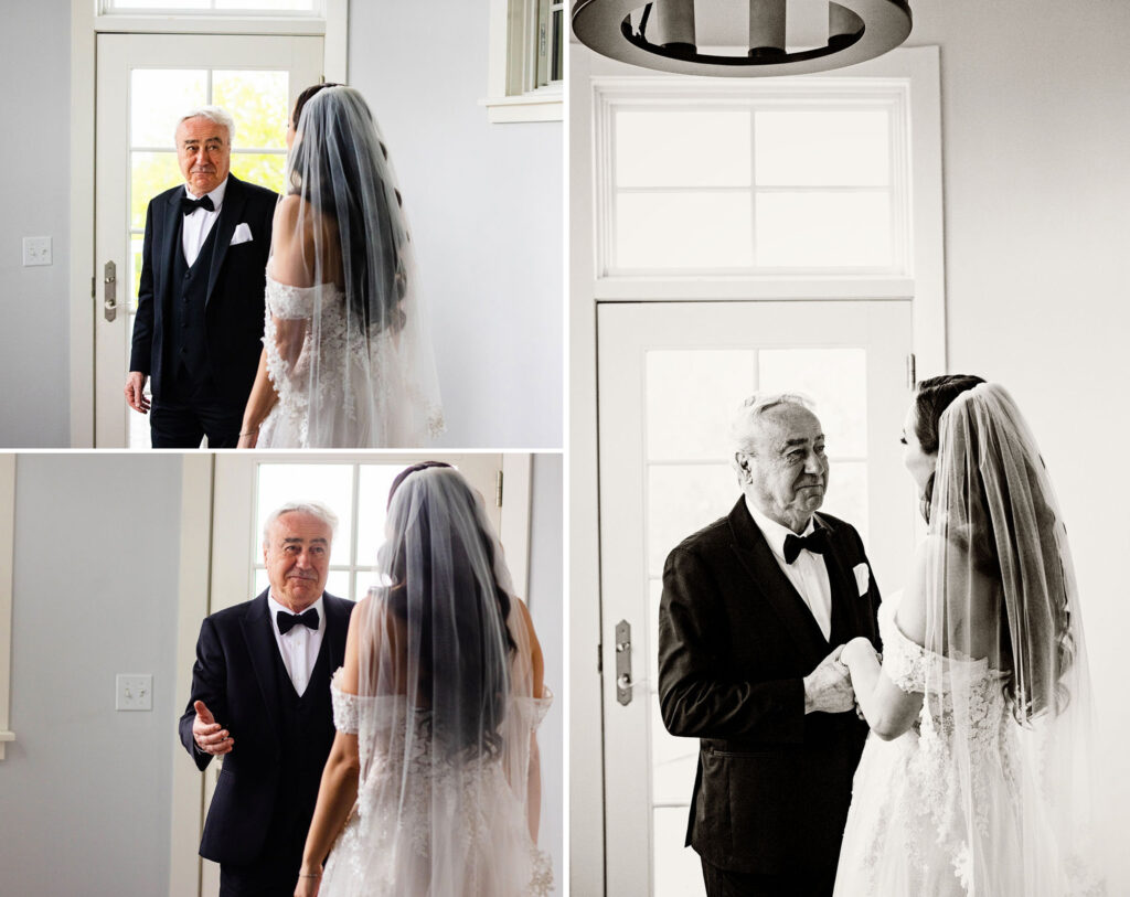 Bride's father seeing her for the first time in her wedding dress by her mother at an Airbnb in Newport, RI