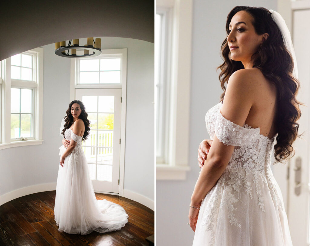 Bridal portrait in her wedding dress by her mother at an Airbnb in Newport, RI