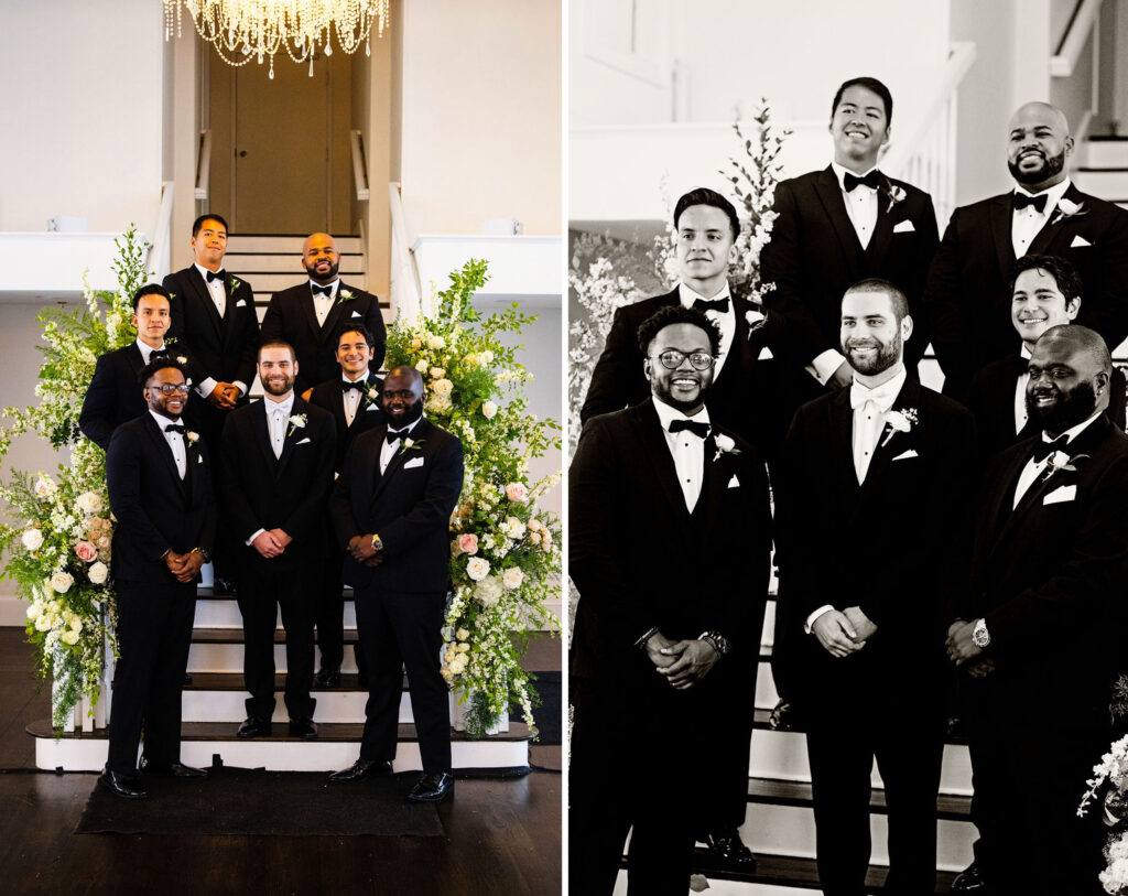 Groomsmen posing inside at their wedding at Belle Mer on a rainy day in Newport, RI 