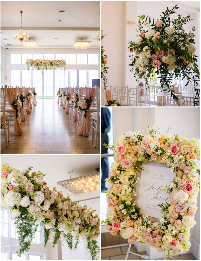 Indoor ceremony at Belle Mer on a rainy day in Newport, RI with flowers by Botanica Florals and planning by Infinite Events