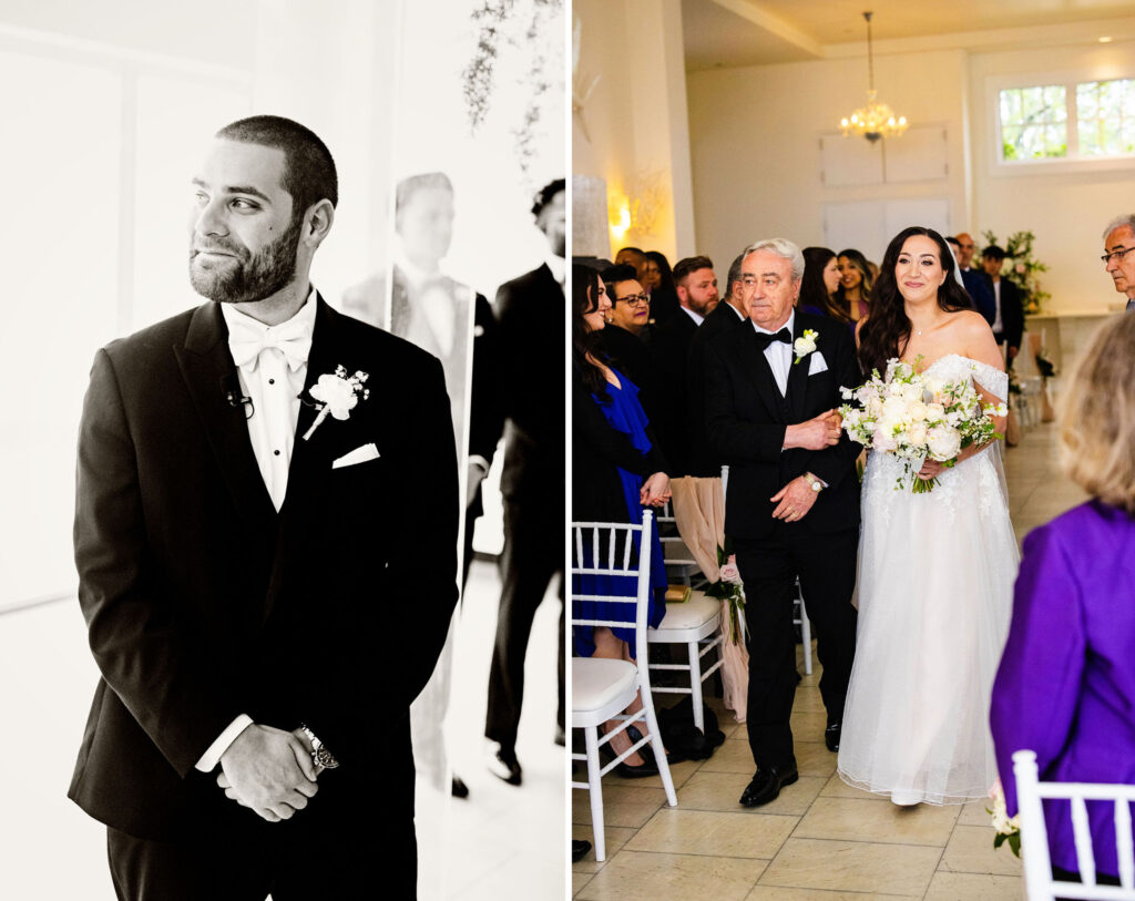 Bride walking down the aisle and the groom crying at the indoor ceremony at Belle Mer on a rainy day in Newport