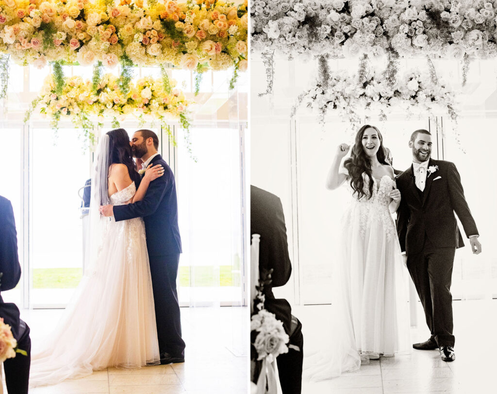 Indoor wedding ceremony at Belle Mer on a rainy day in Newport, RI with flowers by Botanica Florals and planning by Infinite Events