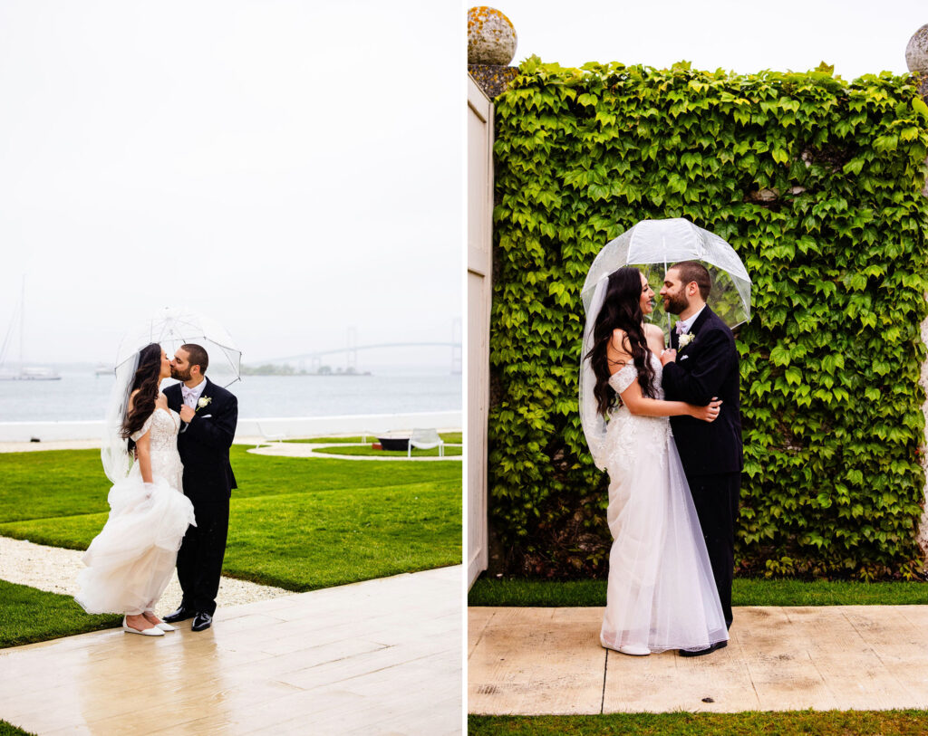 Bride and Groom posing with an umbrella outside at Belle Mer on a rainy day in Newport, RI 