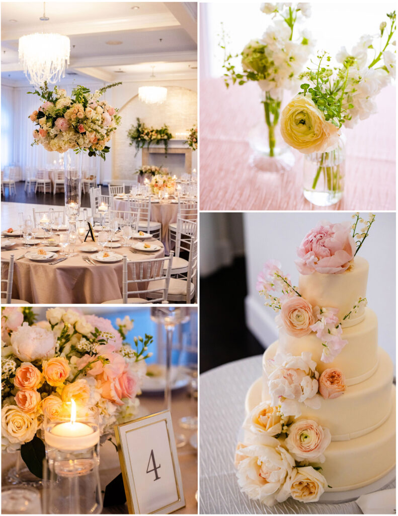 Ballroom at the salon in Belle Mer Salon in Newport, RI with pink flowers and tablescapes by Botanica Florals and planning by Infinite Events