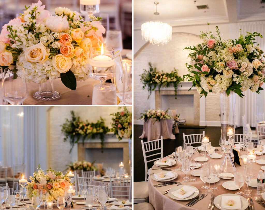 Ballroom at the salon in Belle Mer Salon in Newport, RI with pink flowers and tablescapes by Botanica Florals and planning by Infinite Events