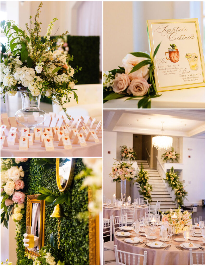 Ballroom at the salon in Belle Mer Salon in Newport, RI with pink flowers and tablescapes by Botanica Florals and planning by Infinite Events