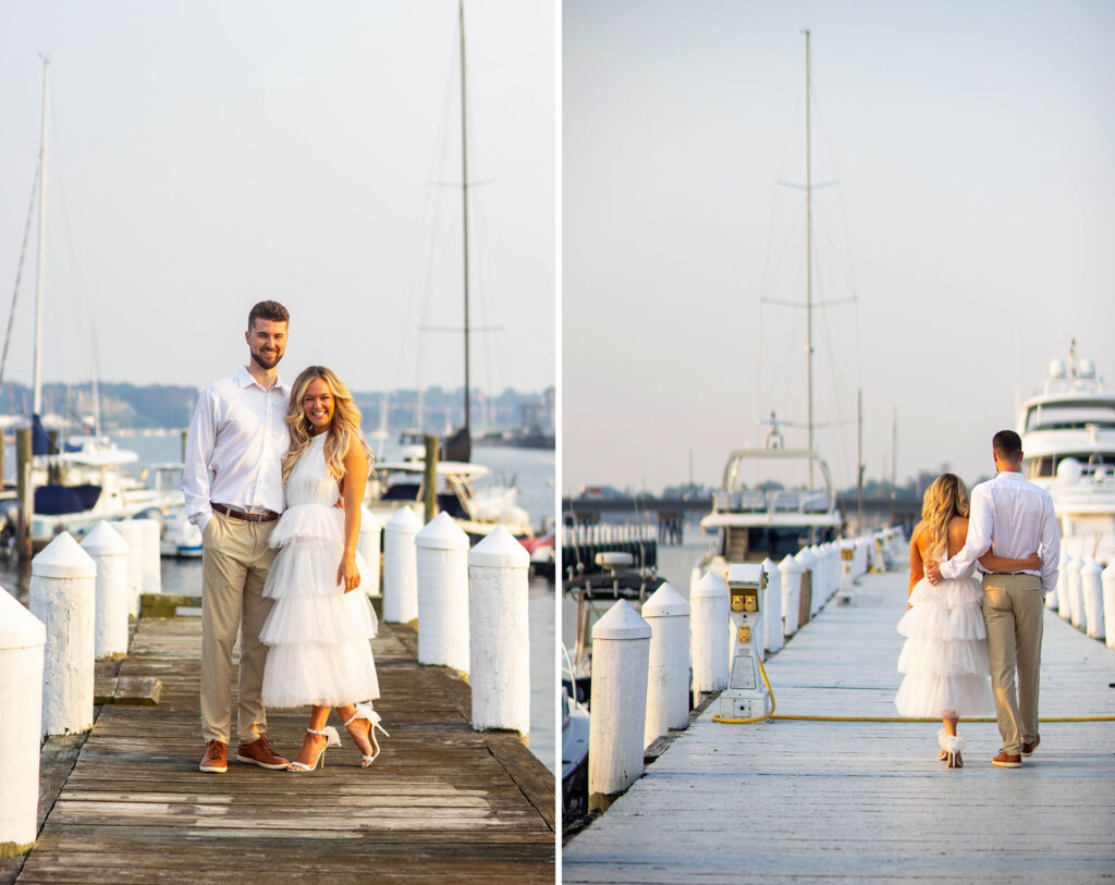 Engaged couple walks down a dock in Newport, RI