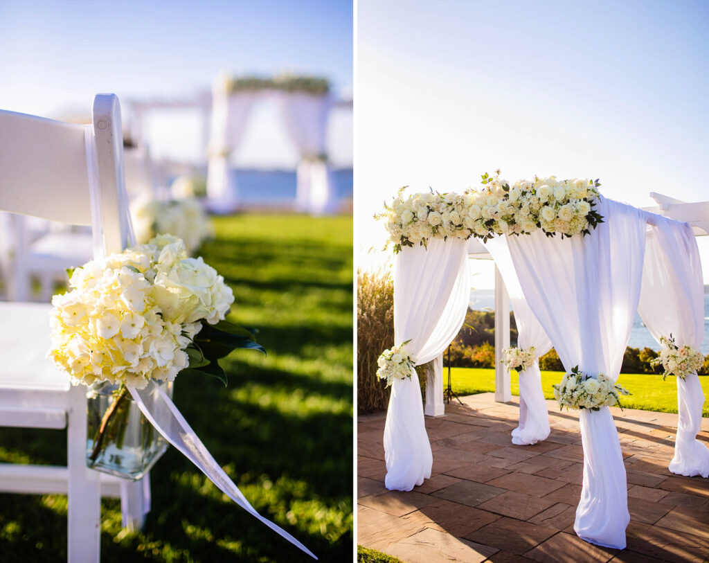 Wedding ceremony on the water with flowers by Stoneblossum at Oceancliff in Newport
