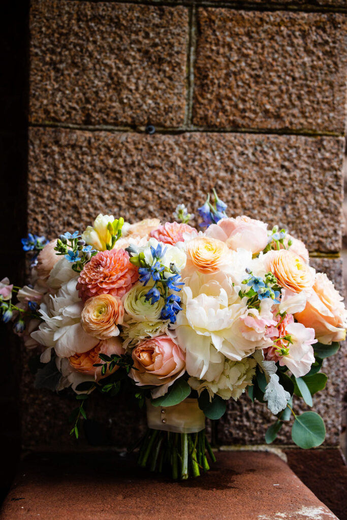 Bridal bouquet with pink and blues at Oceancliff in Newport, RI