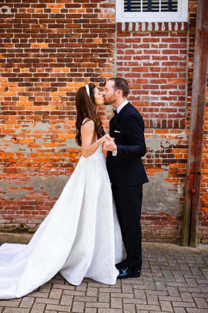 Bride and groom having their first look at Bristol Harbor Inn