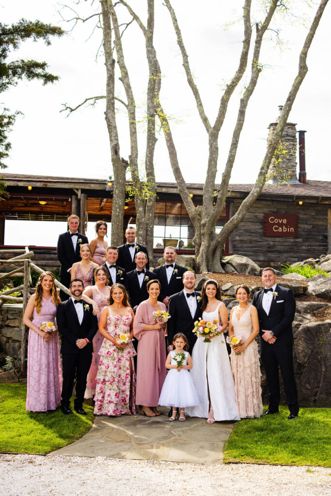 Wedding Party outside of the Cove Cabin at a Mount Hope Farm Wedding