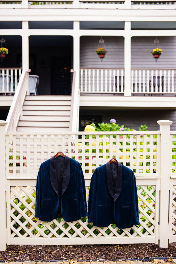 Grooms getting ready for their wedding at the hydrangea house inn in Newport, Rhode Island