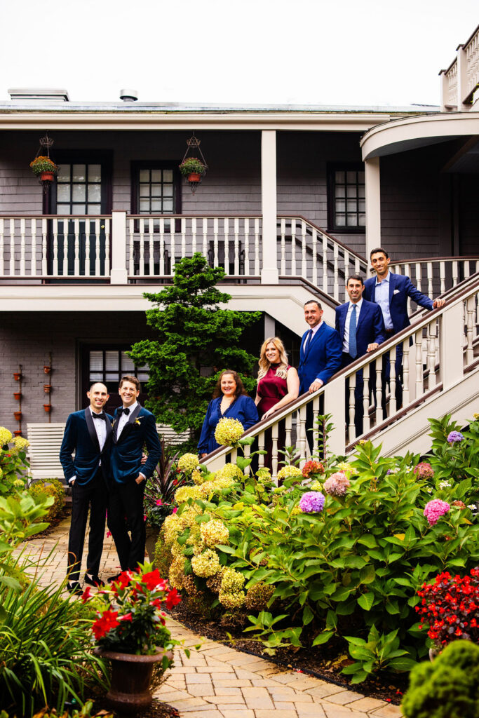 Grooms getting ready for their wedding at the hydrangea house inn in Newport, Rhode Island