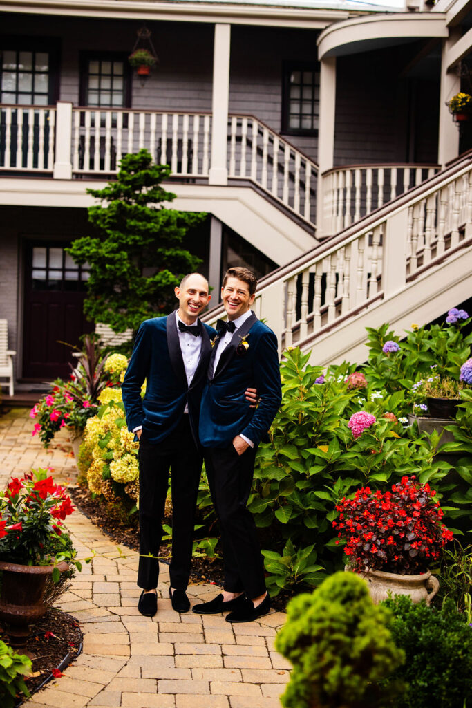 Grooms getting ready for their wedding at the hydrangea house inn in Newport, Rhode Island