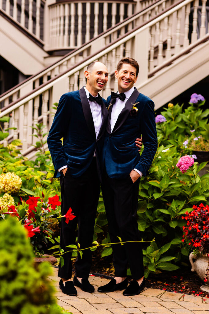 Grooms getting ready for their wedding at the hydrangea house inn in Newport, Rhode Island