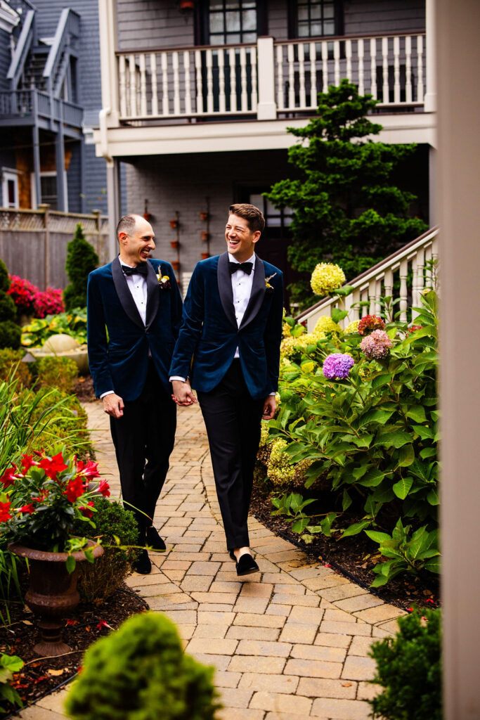 Grooms getting ready for their wedding at the hydrangea house inn in Newport, Rhode Island