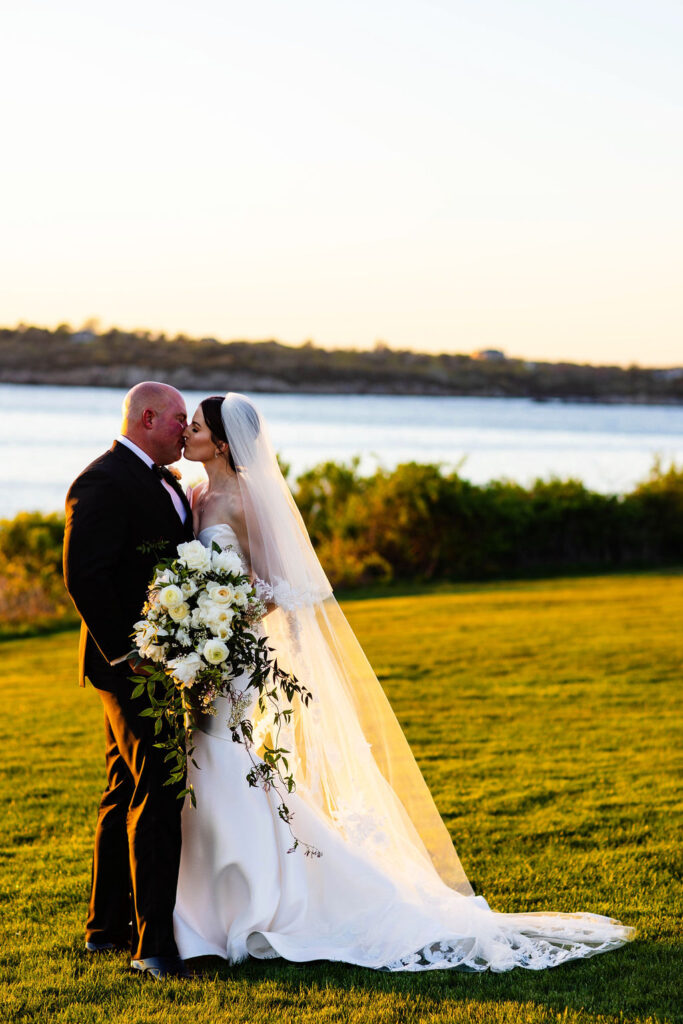 Bride and groom at sunset at Oceancliff wedding in Newport Rhode Island Wedding Photographer