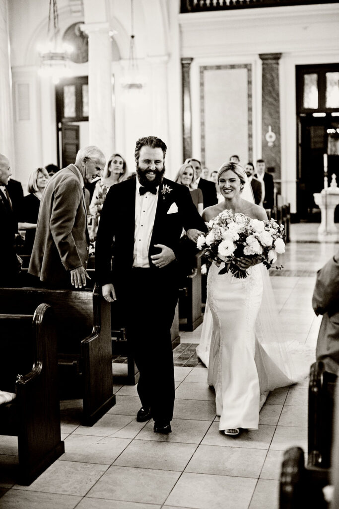 Bride about to walk down the aisle at her wedding at Belle Mer Island House in Newport, RI.