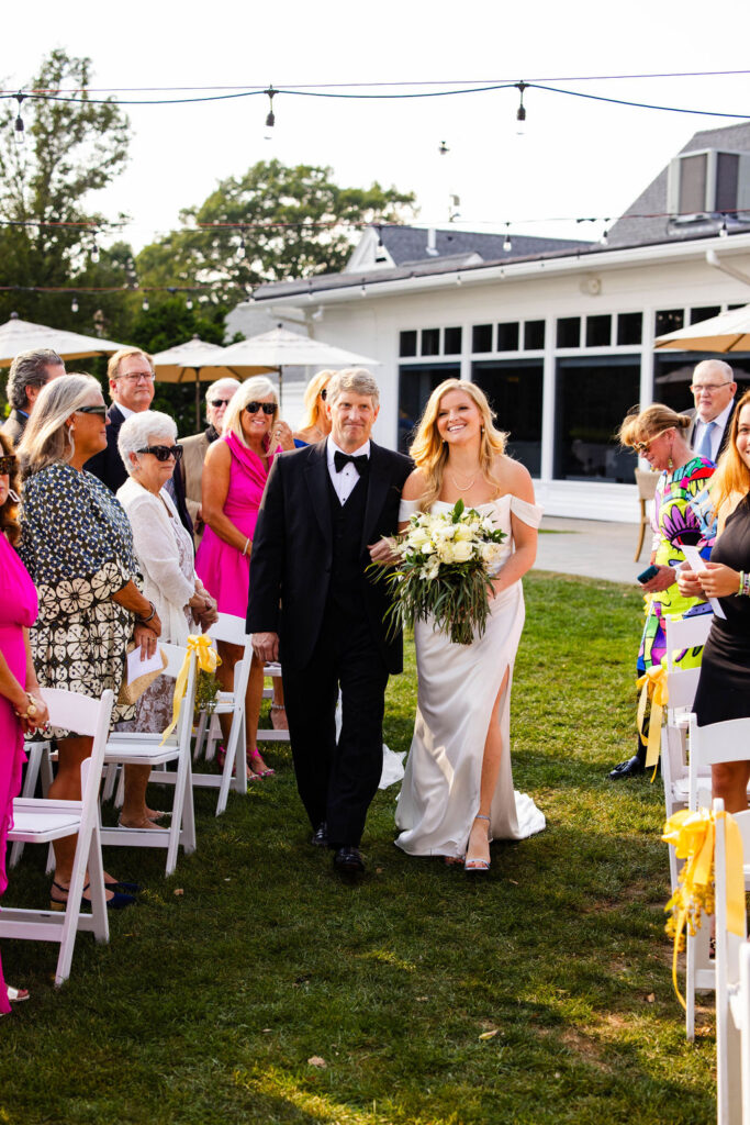 Bride walking down the aisle at Rhode Island Country Club Wedding