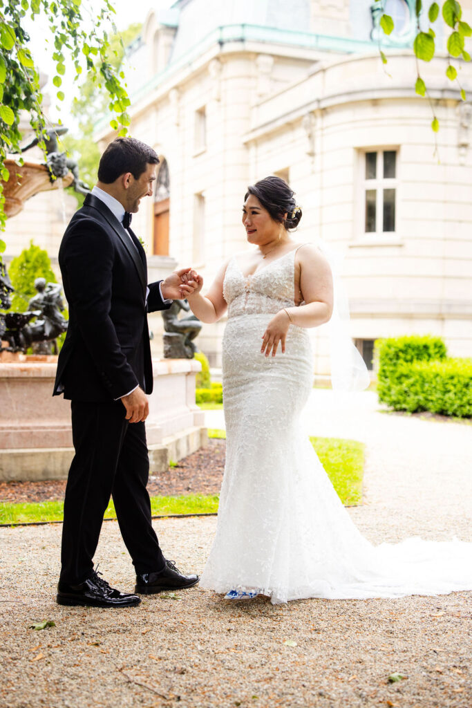 First look between bride and groom at the Elms Mansion before their wedding in Newport, RI
