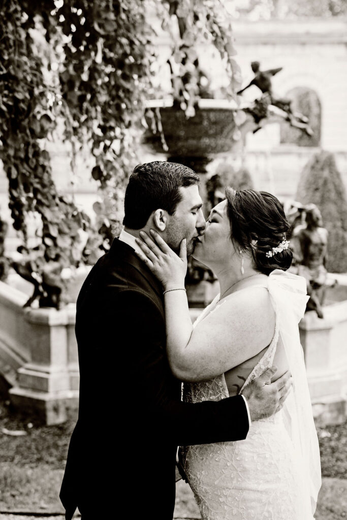 First look between bride and groom at the Elms Mansion before their wedding in Newport, RI