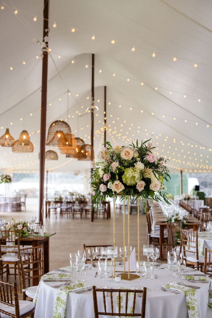 Tent details by Sayles Livingston Florals and Ryan Designs at Mount Hope Farm wedding